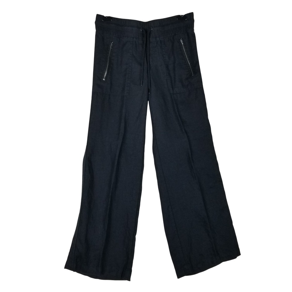 Athleta Cabo Linen Wide Leg Pant Women 0P Black Drawstring Zipper Pocket Casual